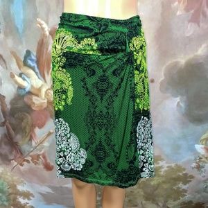 Desigual Dark Lime Green Paisley Midi Skirt Boho Rouched Abstract Size Medium